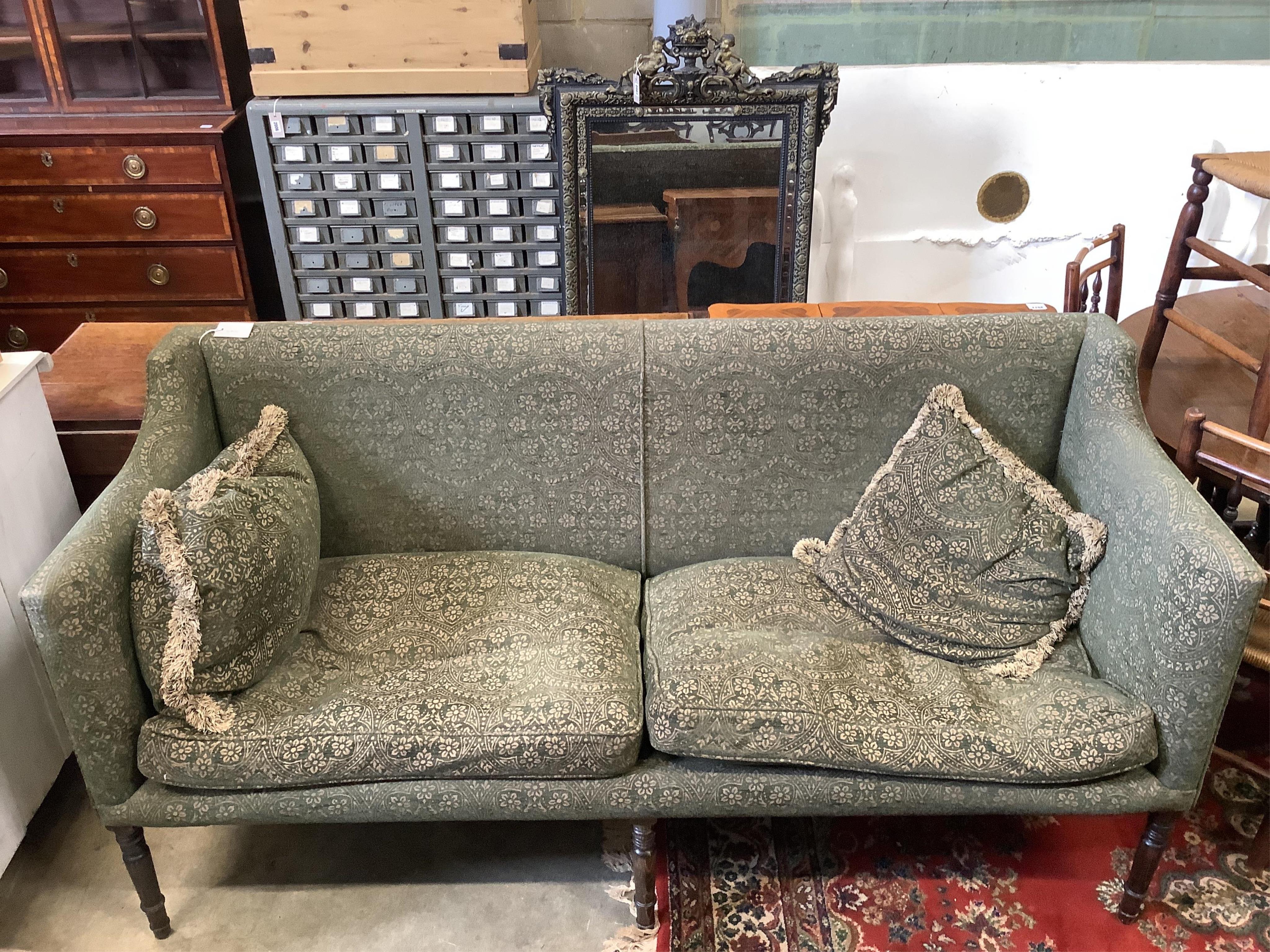 A Regency upholstered settee, width 180cm, depth 71cm, height 89cm. Condition - fair